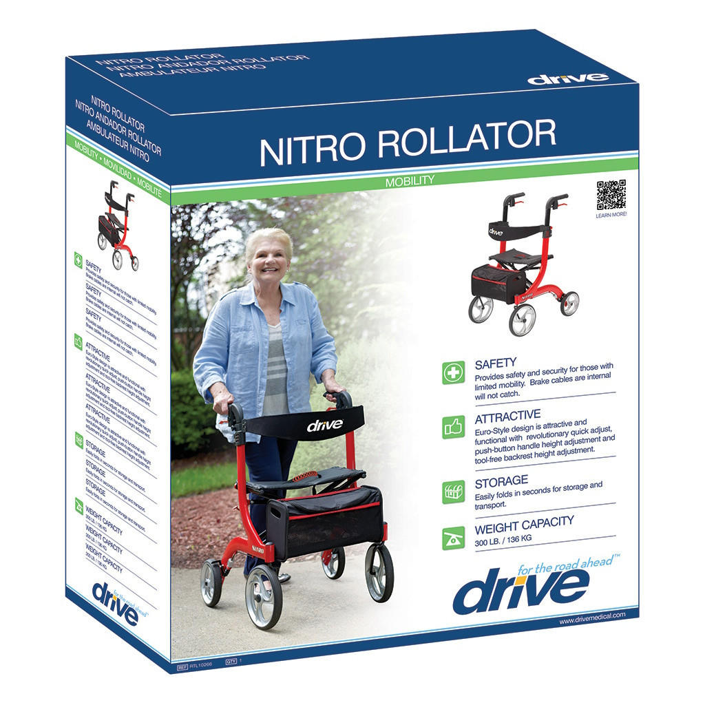 Drive Nitro Aluminum 4 Wheel Rollator, Red, 10" Casters