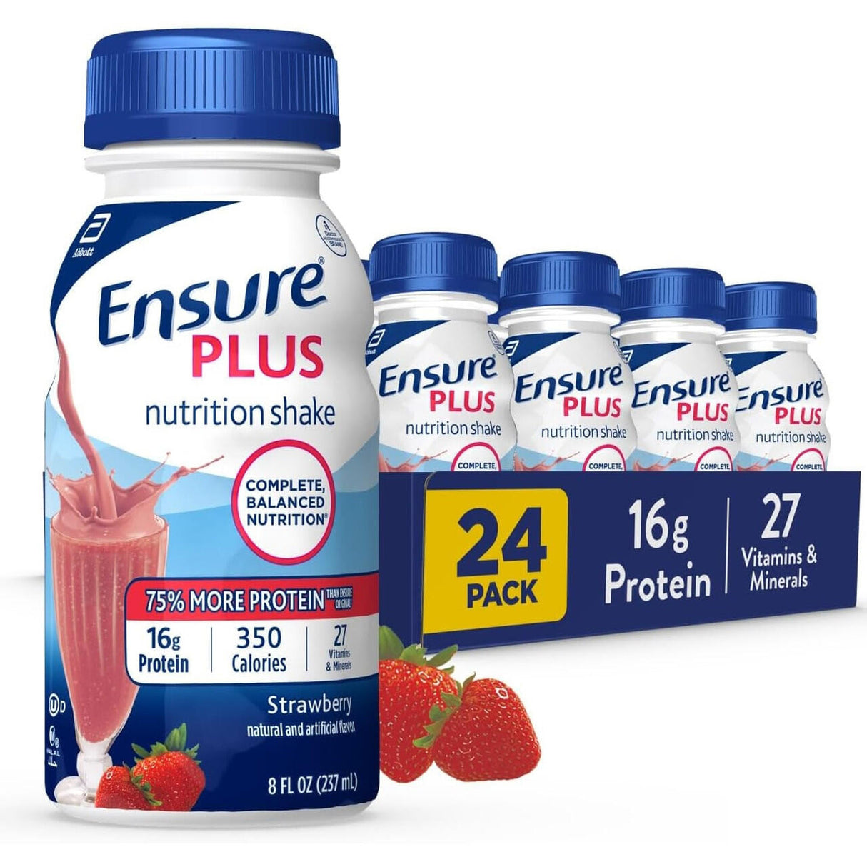 Ensure Plus Nutritional Shake, Strawberry, 8 oz Bottle, CS/24