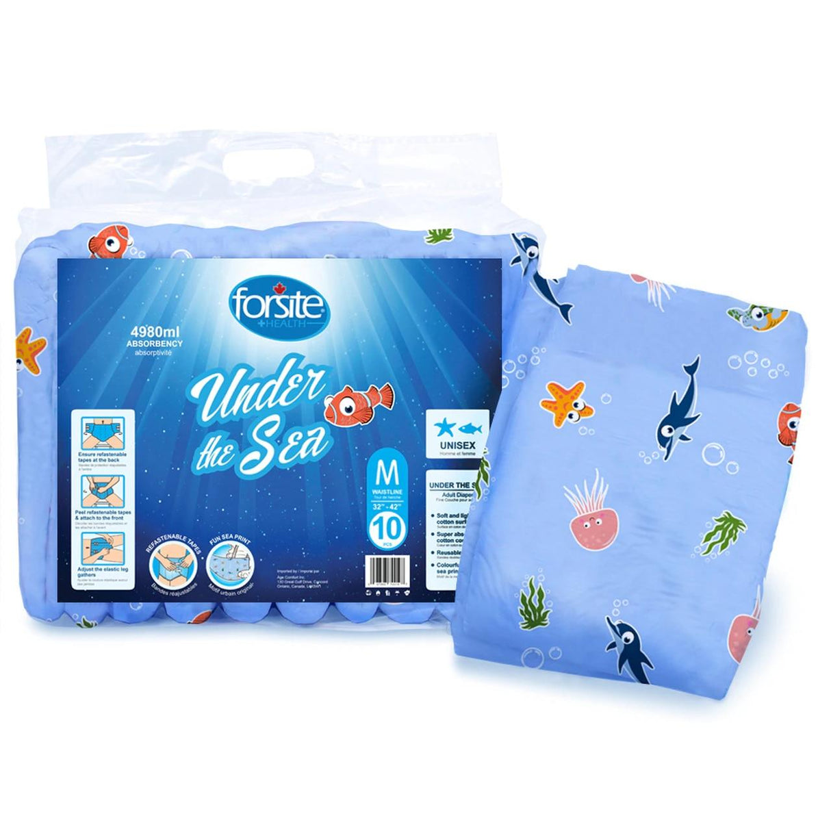 Forsite AM:PM Adult Diapers w/ Plastic Backing, Under the Sea