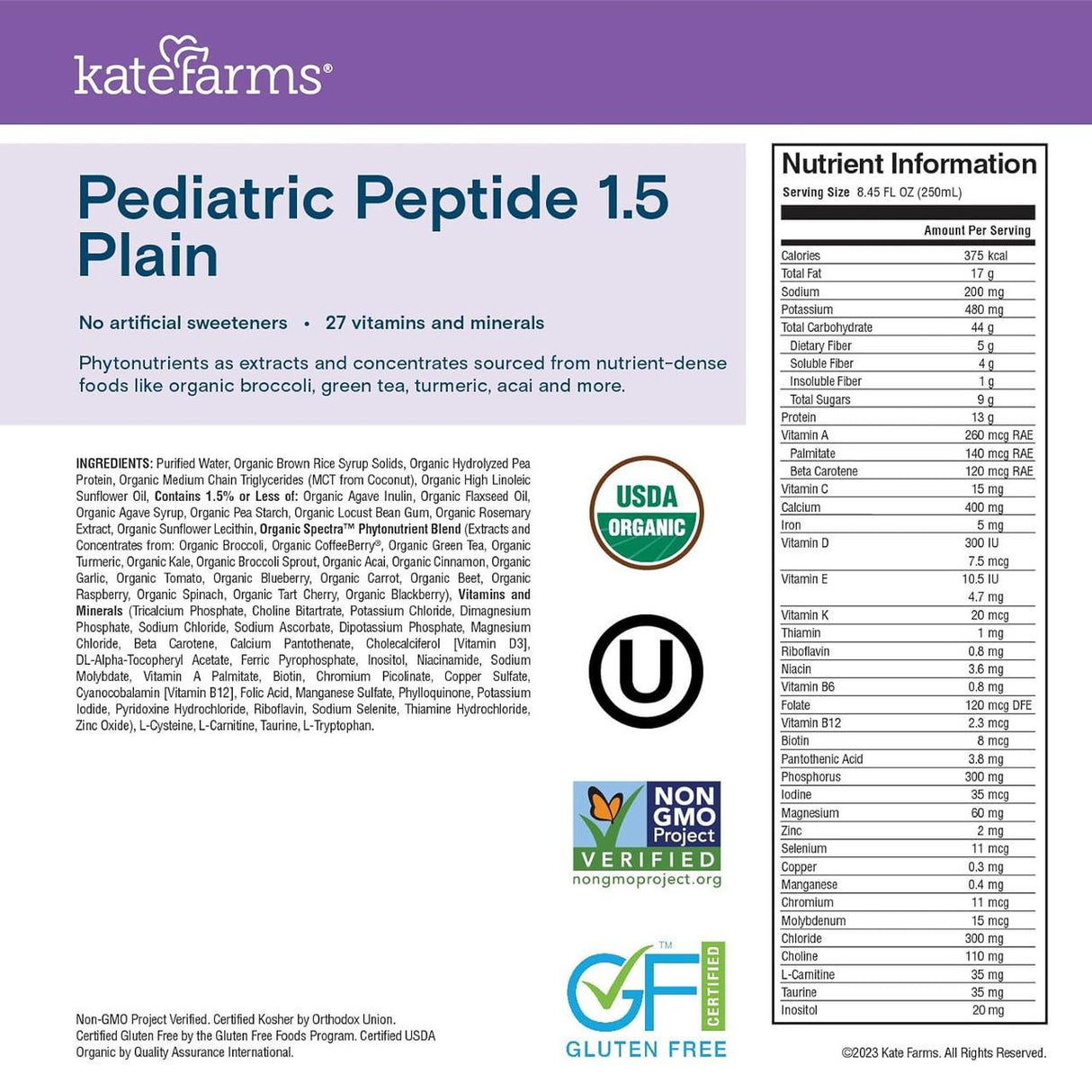 Kate Farms Pediatric Peptide 1.5, Plain, CS/12