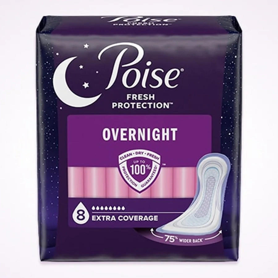 Poise Overnight Incontinence Pads, 8 Drops Extra Coverage, Regular Length